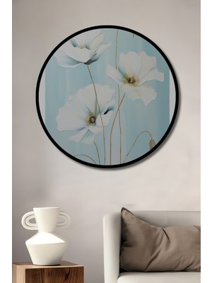 Teona Ahşap Çerçeve Görünümlü Beyaz Gelincik Çiçekleri Dekoratif Ahşap Mdf Tablo Yuvarlak Tablo