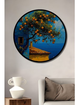 Teona Ahşap Çerçeve Görünümlü Akdeniz Turuncu Manzara Dekoratif Ahşap Mdf Ev Duvar Tablo Yuvarlak Ev Duvar Tablo