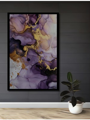 Teona Ahşap Çerçeve Görünümlü Mor Altın Soyut Sanat Ahşap Mdf Dekoratif Ev Duvar Tablo Dikdörtgen Ev Duvar Tablo