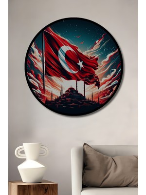 Teona Ahşap Çerçeve Görünümlü Türk Bayrağı ve Gökyüzü Dekoratif Ahşap Mdf Ev Duvar Tablo Yuvarlak Ev Duvar Tablo
