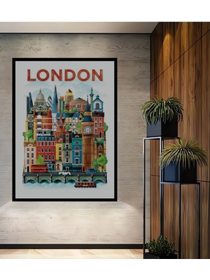 Teona Ahşap Çerçeve Görünümlü Londra Şehir Silueti Ahşap Mdf Dekoratif Ev Duvar Tablo Dikdörtgen Ev Duvar Tablo