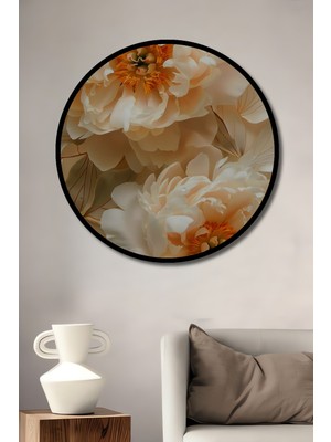 Teona Ahşap Çerçeve Görünümlü Beyaz Şakayık Çiçekleri Ahşap Mdf Dekoratif Ev Duvar Tablo Yuvarlak Ev Duvar Tablo
