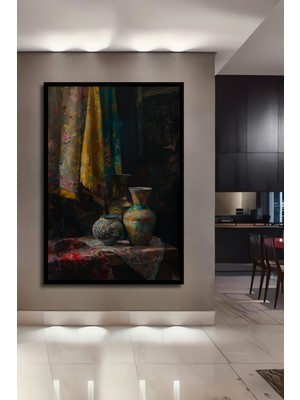 Teona Ahşap Çerçeve Görünümlü Vintage Çini Vazo Ile Ahşap Mdf Dekoratif Ev Duvar Tablo Dikdörtgen Ev Duvar Tablo
