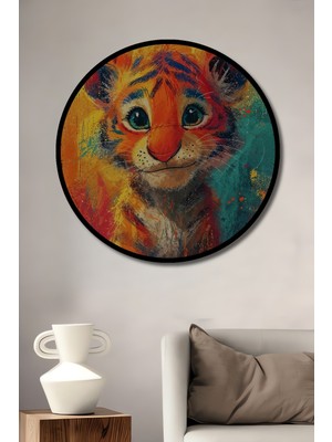 Teona Ahşap Çerçeve Görünümlü Sevimli Kaplan Yavrusu Dekoratif Ahşap Mdf Ev Duvar Tablo Yuvarlak Ev Duvar Tablo