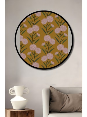 Teona Ahşap Çerçeve Görünümlü Pembe Çiçekler Desenli Ahşap Mdf Dekoratif Ev Duvar Tablo Yuvarlak Ev Duvar Tablo