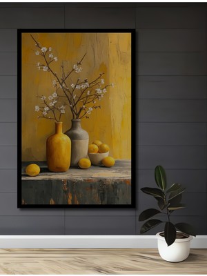 Teona Ahşap Çerçeve Görünümlü Sarı Vazoda Limonlar Dekoratif Ahşap Mdf Ev Duvar Tablo Dikdörtgen Ev Duvar Tablo