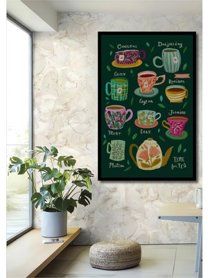 Teona Ahşap Çerçeve Görünümlü Renkli Çay Fincanları Ahşap Mdf Dekoratif Ev Duvar Tablo Dikdörtgen Ev Duvar Tablo