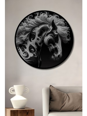 Teona Ahşap Çerçeve Görünümlü Desenli Siyah Beyaz At Ahşap Mdf Dekoratif Ev Duvar Tablo Yuvarlak Ev Duvar Tablo
