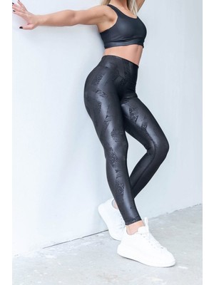 Alışveriş Sokağı Dar Kesim Desenli Deri Görünümlü Toparlayıcı Siyah Spor Tayt