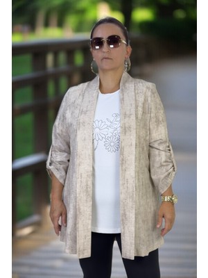 Yagmur Beren  Kısa Kol Taşlı Bisiklet Yaka Bluz Katlanabilir Kol Şal Yaka Organik Keten Kumaş Ceket Ikili Takım