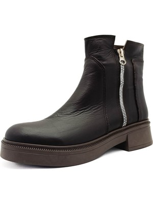 Gdt Ayakkabı Hakiki Deri Acı Kahve Fermuarlı Kalın Topuk Ortopedik Kadın Bot