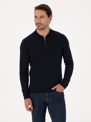 Cacharel Erkek Lacivert Regular Fit Yün Karışımlı Fermuarlı Polo Yaka Basic Triko Kazak 50318901-VR033