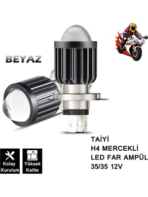 Taiyi Mercekli LED Motosiklet Far Ampulü 12V H4 35/35W P43T ( Beyaz ) 1 Adet