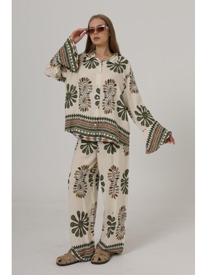 Bosel Desenli Kolları Volanlı Pantolon Takım - Haki