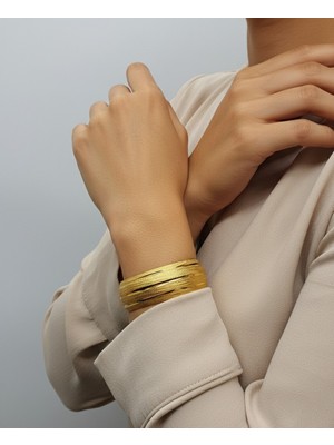 Fm Gold Renk Dikine Çizgiler 2 cm Genişlik Tarz Yaratıcı Altın Kaplama Bilezik