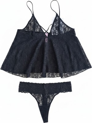 Bonbon Kadın Çapraz Askı Detaylı Siyah Renk  Dantel Baybdoll String 2 li Set BB2054