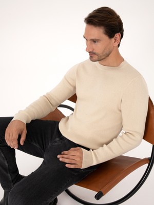 Cacharel Erkek Bej Slim Fit Pamuk Karışımlı Bisiklet Yaka Selanik Örgü Triko Kazak 50318976-VR011