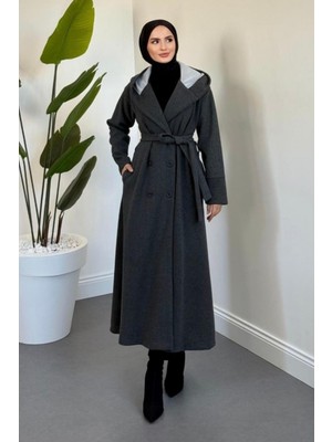 Tesettür Diyarı Arden Kapüşonlu Kuşaklı Tesettür Kaban- Füme