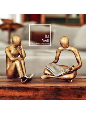 İki Yedi Konsept Chidau 77-2 Kitap Okuyan Düşünen Insan Heykeli Seti Dekoratif Figür Obje Ev Ofis Kitaplık Aksesuarı