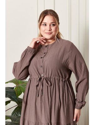 FERACE Kadın Büyük Beden Gofre Kumaş Elbise