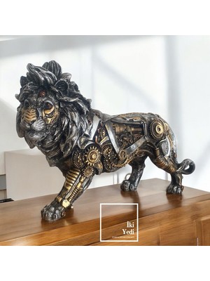 İki Yedi Konsept Steampunk Aslan Heykeli Dişli Mekanizma Figürlü Dekoratif Obje Ev Ofis Aksesuarı Ofis Hediyesi Lion