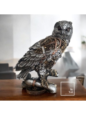 İki Yedi Konsept Steampunk Baykuş Heykeli Dekoru Mekanik Çarklı Tasarım Dekoratif Objeler Makina Figürlü Konsept Şık