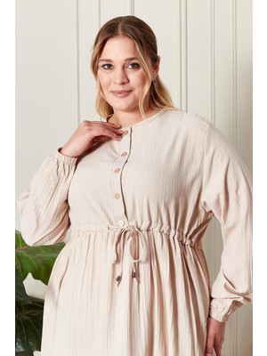 FERACE Kadın Büyük Beden Gofre Kumaş Elbise