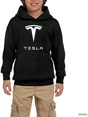 Zepplin Giyim Tesla Logo Siyah Çocuk Kapşonlu Sweatshirt