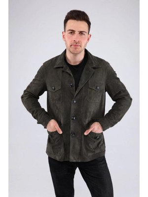 Kende Erkek Safari Düğmeli Hakiki Deri Antrasit Süet Ceket