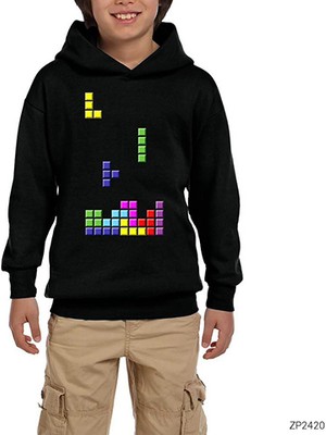 Zepplin Giyim Tetris Blocks Siyah Çocuk Kapşonlu Sweatshirt