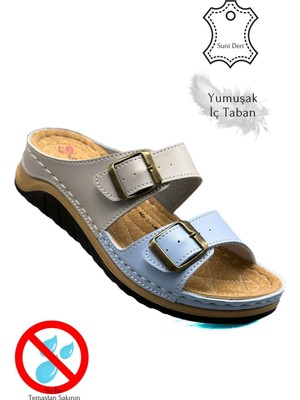 Sermoda Çift Bant Tokalı Yumuşak ve Hafif Kalın Tabanlı Kadın Terlik Spor Terlik 521/1 Gri Mavi