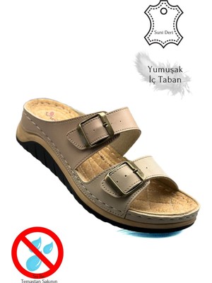 Sermoda Çift Bant Tokalı Yumuşak ve Hafif Kalın Tabanlı Kadın Terlik Spor Terlik 521/1 Pudra Vizon