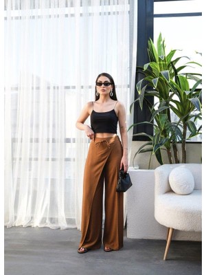 Mareandpanda Keten Önü Çapraz Parçali Lasti̇kli̇ ve Bağcikli Geni̇ş Paça Pantolon