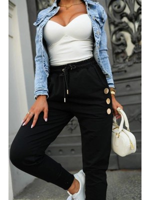 Mareandpanda Kadın Yüksek Bel Lastikli Yanlardan Düğmeli Viskon Iki Iplik Pantolon