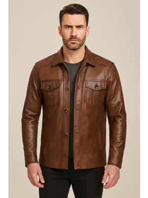 Deri Kahverengi Erkek Deri Mont Cepli Klasik Deri Ceket