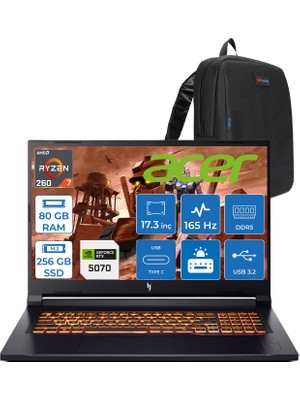 Acer Nitro V17 ANV17 Aı Amd Ryzen™ 7 260 80GB Ddr5 256GB SSD 8GB/RTX5070 85W 17.3"wqxga 2560X1440 165Hz IPS Freedos Gaming Bilgisayar. NHQZKEY001F21+ZETTAÇANTA
