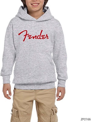 Zepplin Giyim Fender Logo 2 Gri Çocuk Kapşonlu Sweatshirt