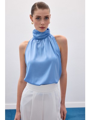 Sateen Boğazlı Kolsuz Bluz - Mavi