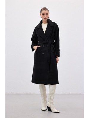 Sateen Beli Bağlamalı Uzun Kaban - Siyah