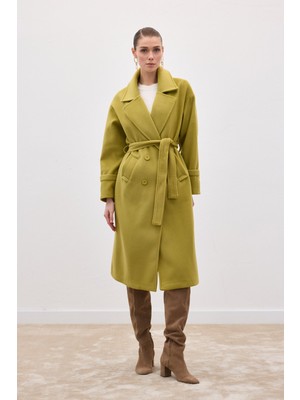 Sateen Beli Bağlamalı Uzun Kaban - Yağ Yeşili