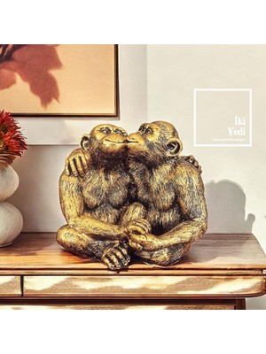 İki Yedi Konsept Leny Altın Renk Öpüşen Maymun Heykeli – Dekoratif Obje, Ev ve Ofis Hediyesi, Hayvan Figürlü Biblo