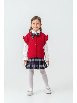 Miniğimin Cicileri Süveterli Fırfır Kol Detaylı Ekose etek kombini - Kırmızı
