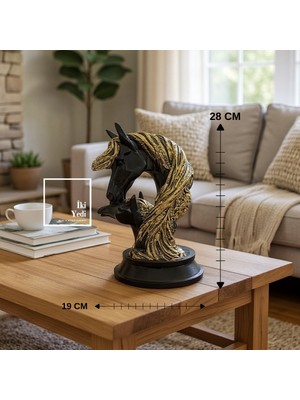 İki Yedi Konsept Audran Yavrulu At Anne Tay Figürü At Heykeli Biblo Siyah Altın Renk Dekoratif Obje Ev Ofis Aksesuar