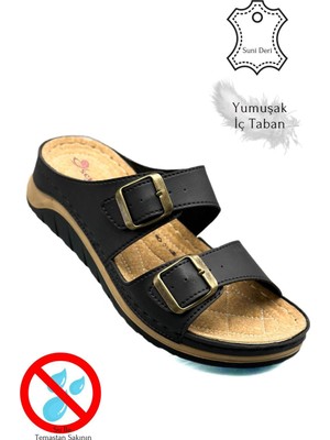 Sermoda Çift Bant Tokalı Yumuşak ve Hafif Kalın Tabanlı Kadın Terlik Spor Terlik 521/1 Siyah