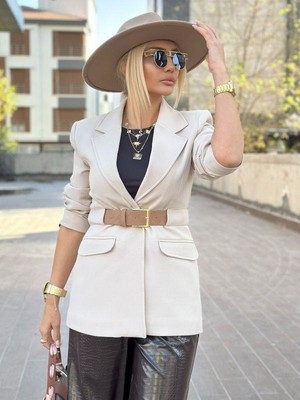 Perry 9642 Kemerli Blazer Ceket Taş