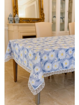 Rona Home Açık Mavi Papatyalı Masa Örtüsü Su Geçirmez, Silinebilir Şık Dikdörtgen Model