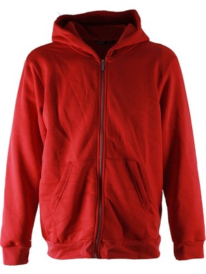 Trender Kapüşonlu Tam Fermuarlı 3 Iplik Kırmızı Erkek Sweatshirt 5466-1