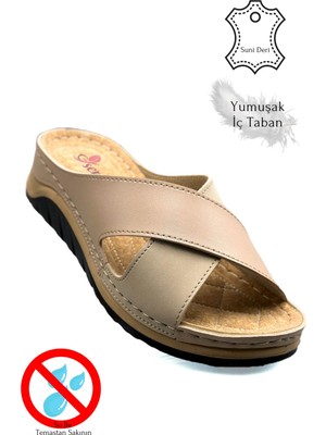 Sermoda Çapraz Bant Yumuşak ve Hafif Kalın Tabanlı Kadın Terlik Spor Terlik 521/2 Pudra Vizon