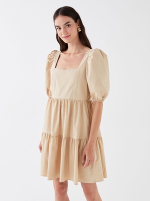 Lc Waikiki Yeni Sezon Kare Yaka Düz Balon Kollu Poplin Elbise