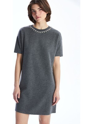 Lc Waikiki Yeni Sezon Bisiklet Yaka Taşlı Mini Triko Elbise